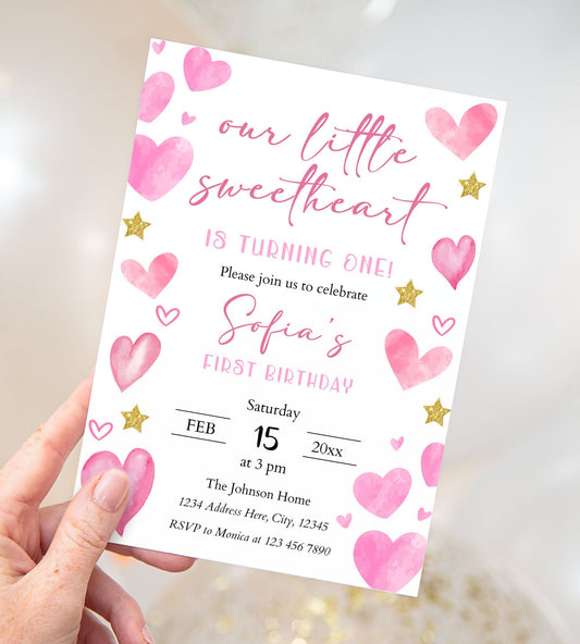 Valentine's Day 1st Birthday Invitation - Canva Template - Invitations - Mama Life Printables
