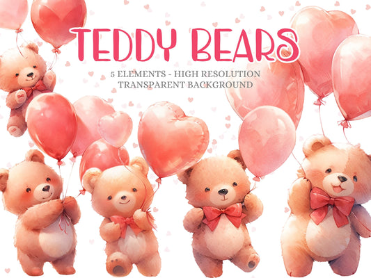 Valentine's Day Teddy Bear Holding Balloons Cliparts - Digital Artwork - Mama Life Printables
