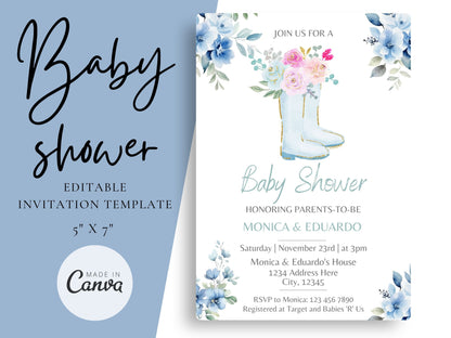 Watercolor Boots and Flowers Baby Shower Boy Invitation - Canva Template - Invitations - Mama Life Printables