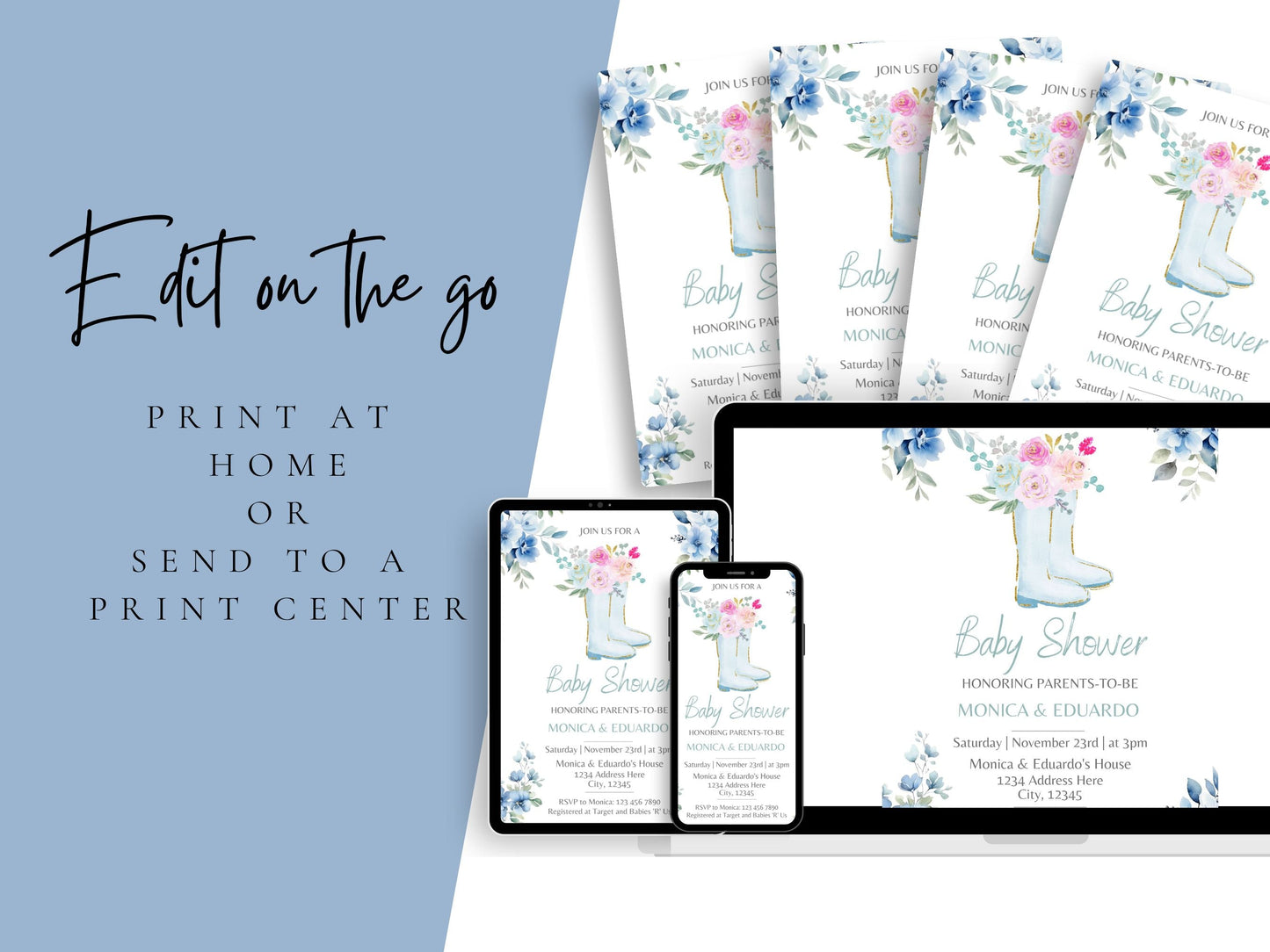Watercolor Boots and Flowers Baby Shower Boy Invitation - Canva Template - Invitations - Mama Life Printables