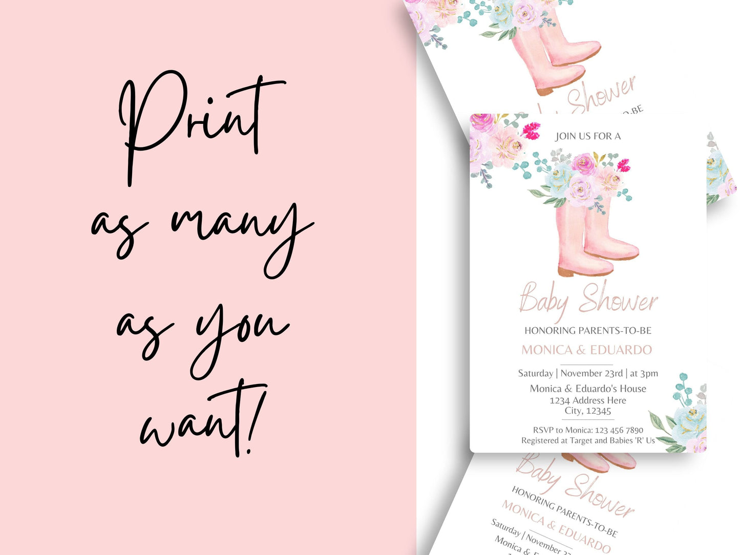 Watercolor Boots and Flowers Baby Shower Girl Invitation - Canva Template - Invitations - Mama Life Printables