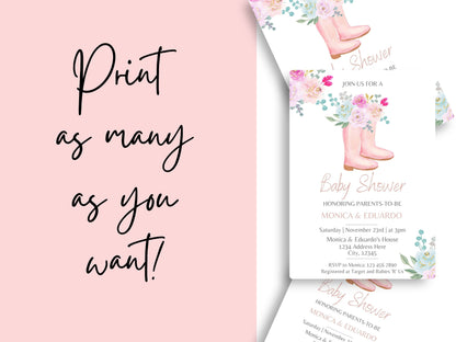 Watercolor Boots and Flowers Baby Shower Girl Invitation - Canva Template - Invitations - Mama Life Printables