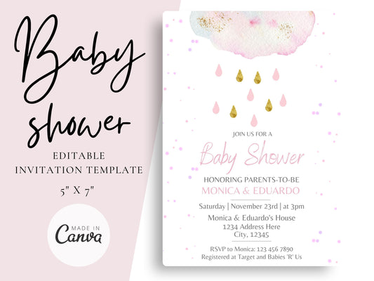 Watercolor Cloud Baby Shower Girl Invitation - Canva Template - Invitations - Mama Life Printables