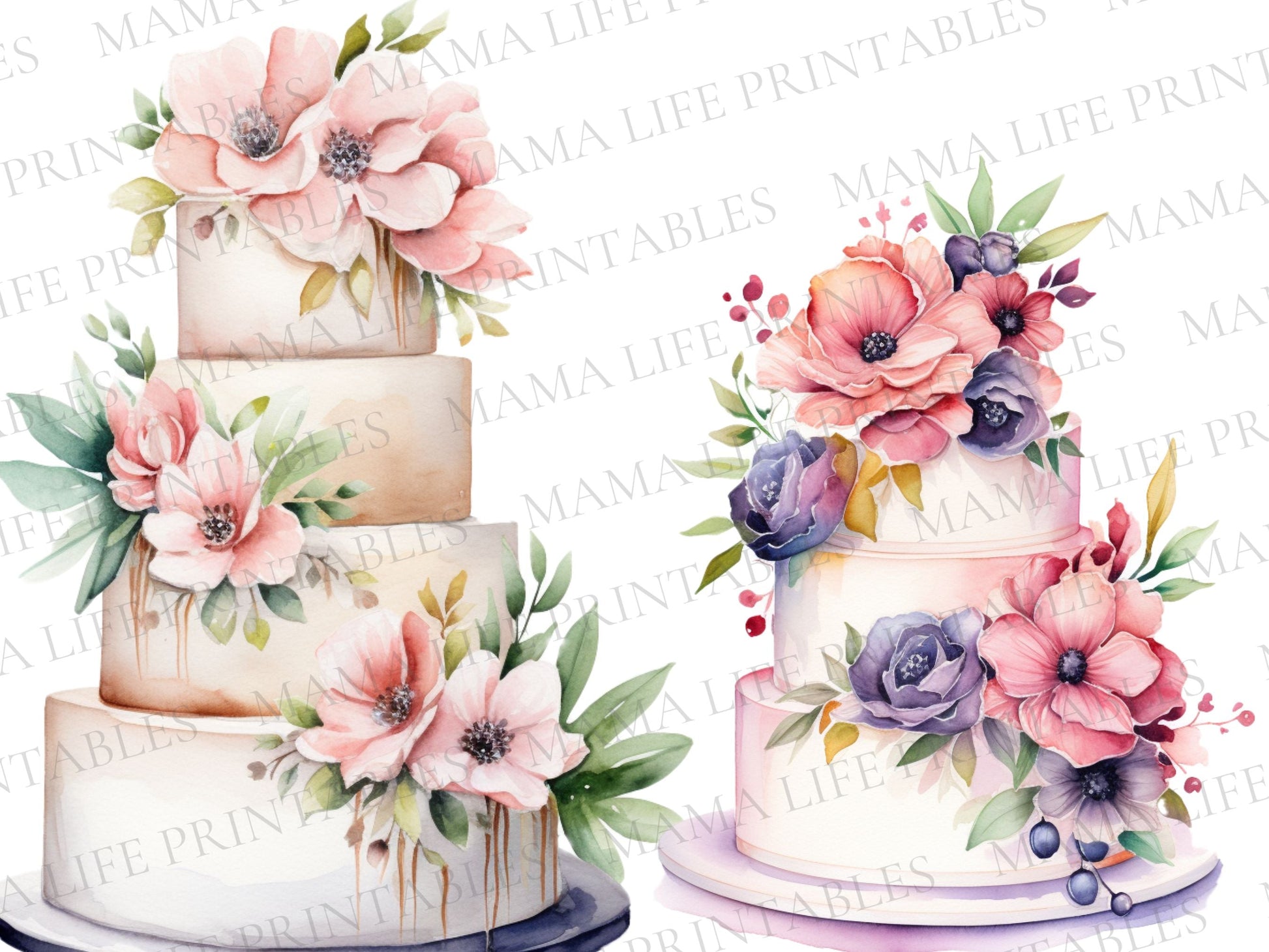 Watercolor Floral Cakes PNG Cliparts - Digital Artwork - Mama Life Printables