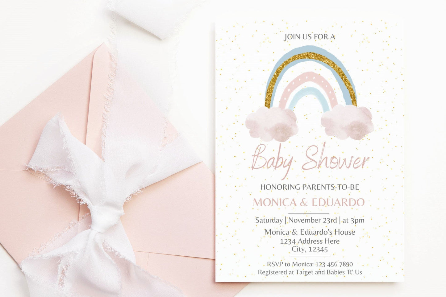 Watercolor Rainbow Baby Shower Girl Invitation - Canva Template - Invitations - Mama Life Printables
