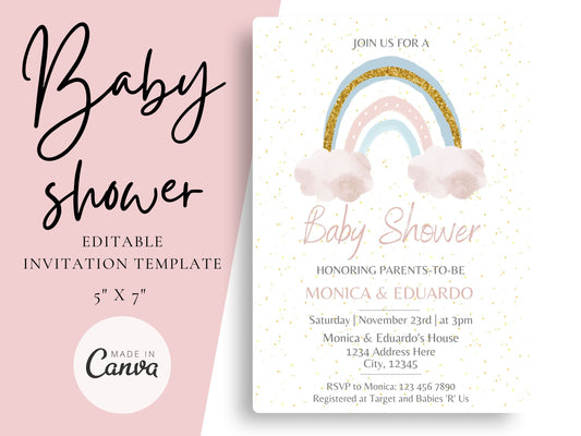 Watercolor Rainbow Baby Shower Girl Invitation - Canva Template - Invitations - Mama Life Printables
