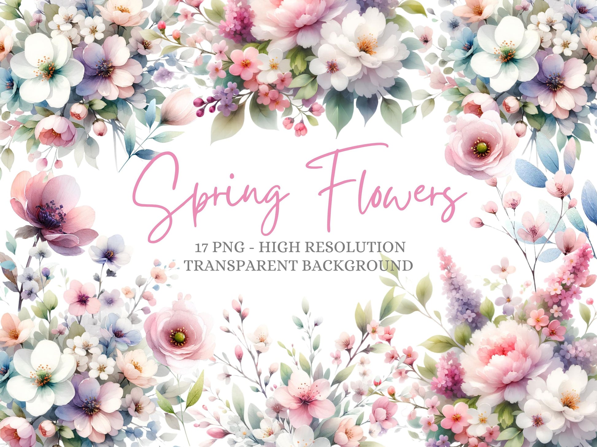 Watercolor Spring Flowers Cliparts | High-Quality PNG - Digital Artwork - Mama Life Printables