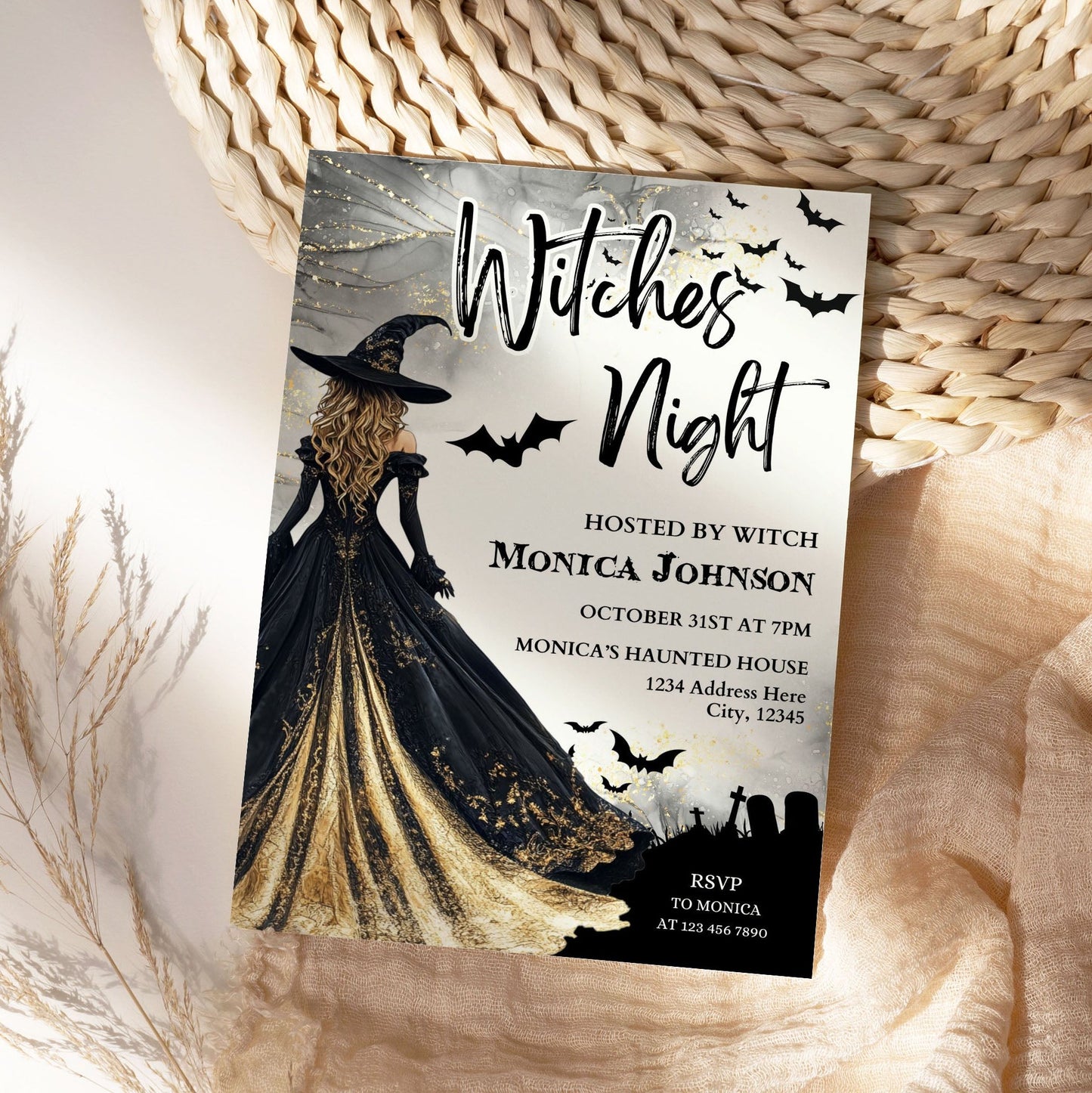 witches night party invitation editable in Canva