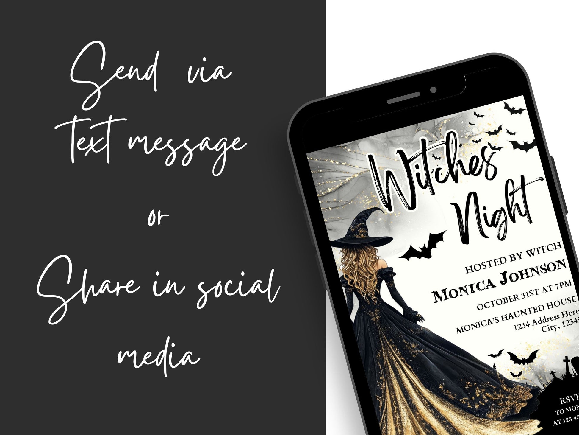 witches night party invitation editable in Canva